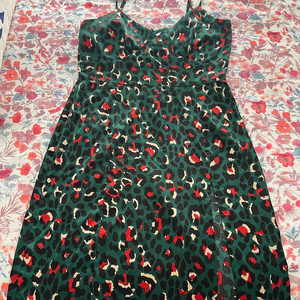 Leith Green Leopard Print Slip Dress with slit